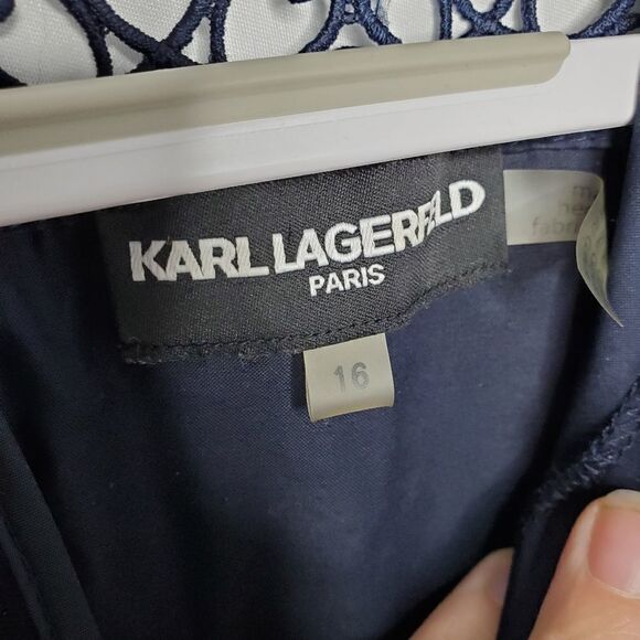 KARL LAGERFELD navy dress sleeveless crochet hem shift 16 - Picture 6 of 9